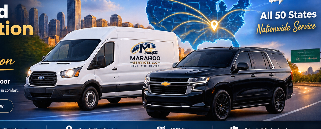 Cargo van and black SUV for Marahboo Services LLC transportation